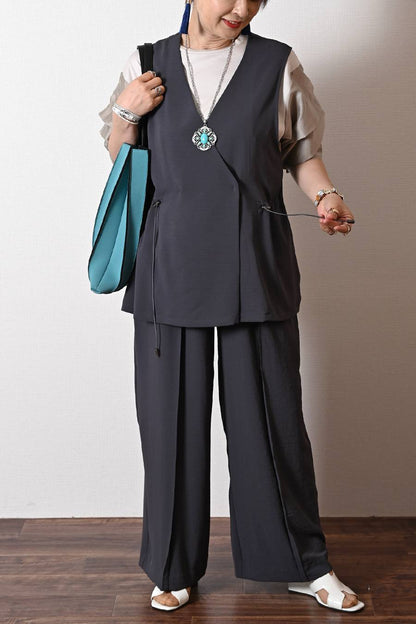 ワッシャー ドローストリングジレ＋永久センタープレスワイドパンツ２点セットアップ