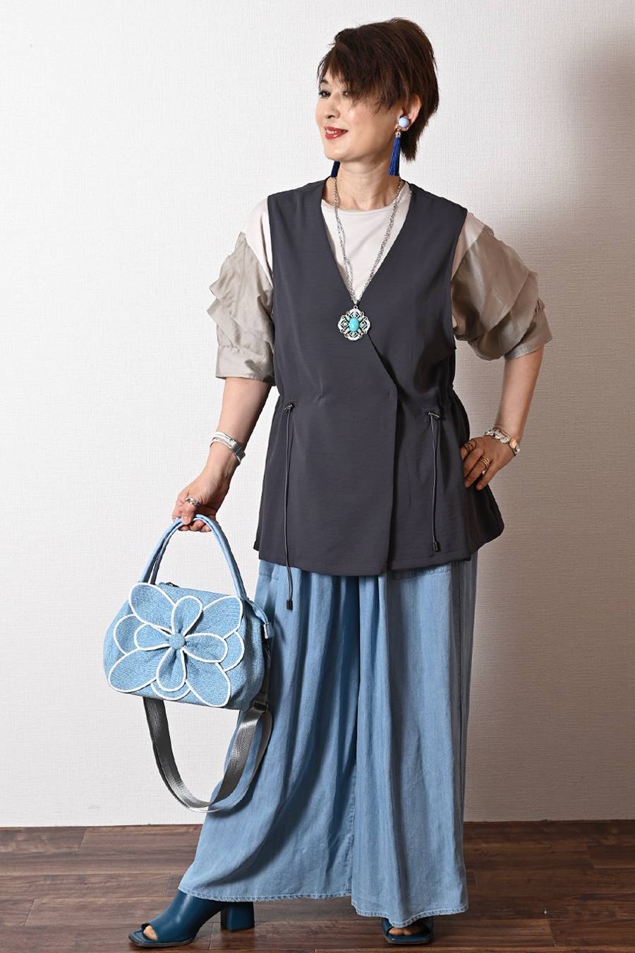 ワッシャー ドローストリングジレ＋永久センタープレスワイドパンツ２点セットアップ