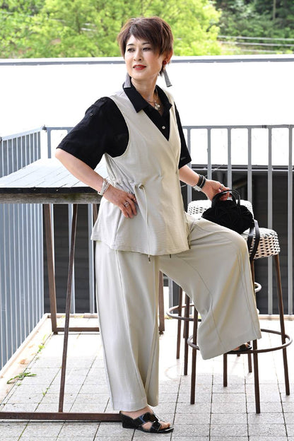 ワッシャー ドローストリングジレ＋永久センタープレスワイドパンツ２点セットアップ