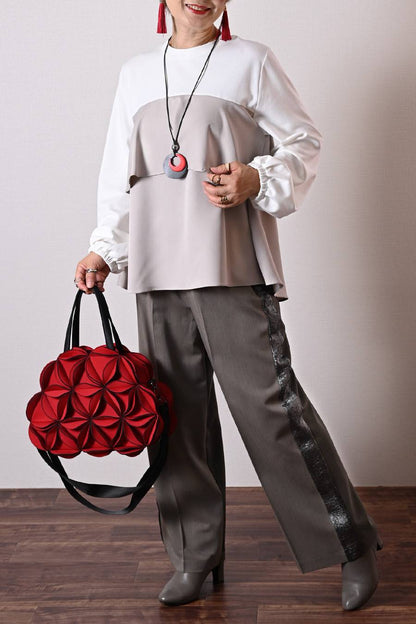 バイカラーフリルデザインカットソー+サイドラメセンタープレスパンツ２点セットコーデ