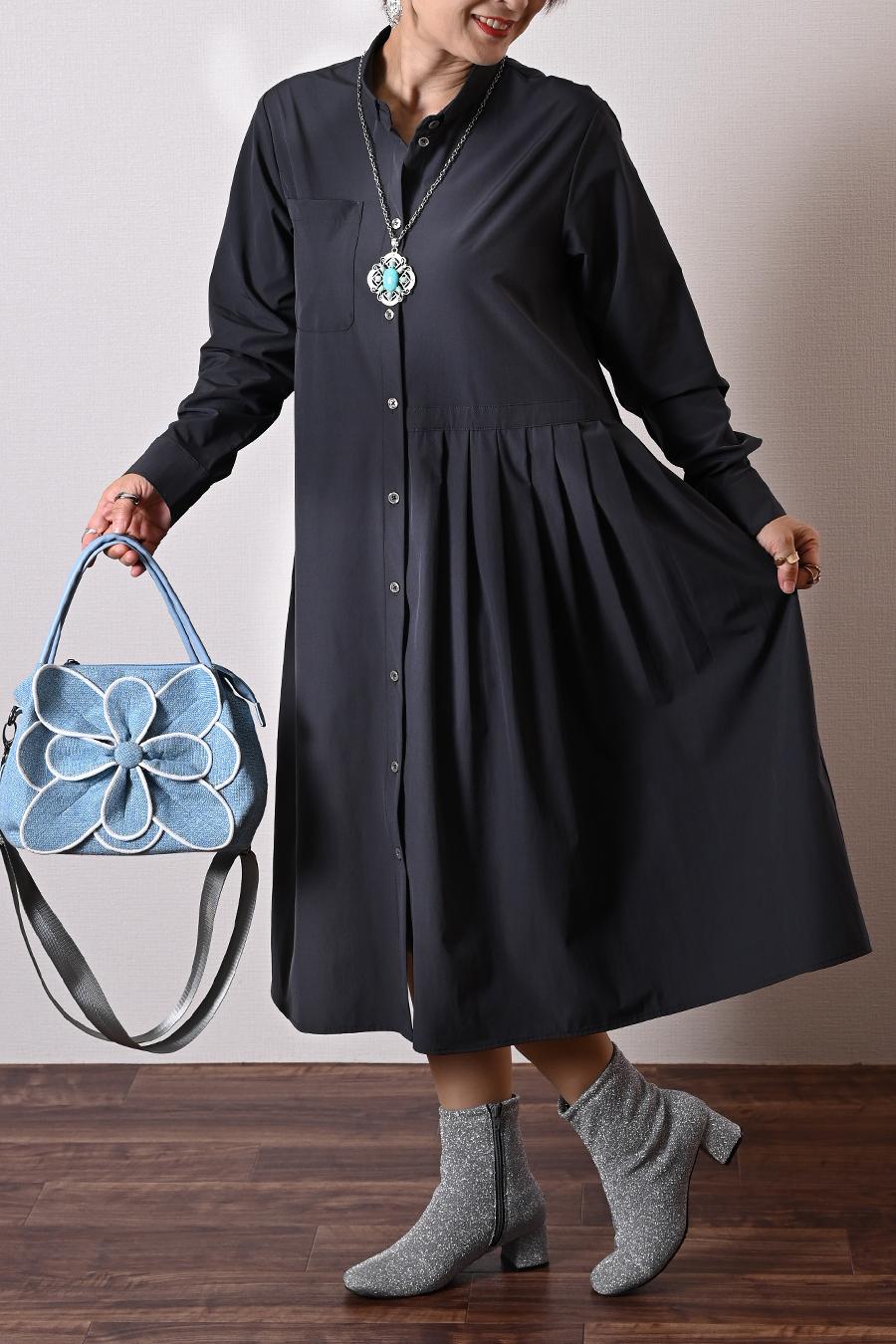 シワになりにくい！アシンメトリープリーツ バンドカラーシャツドレス
