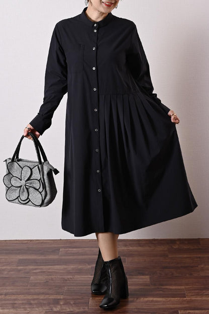 シワになりにくい！アシンメトリープリーツ バンドカラーシャツドレス