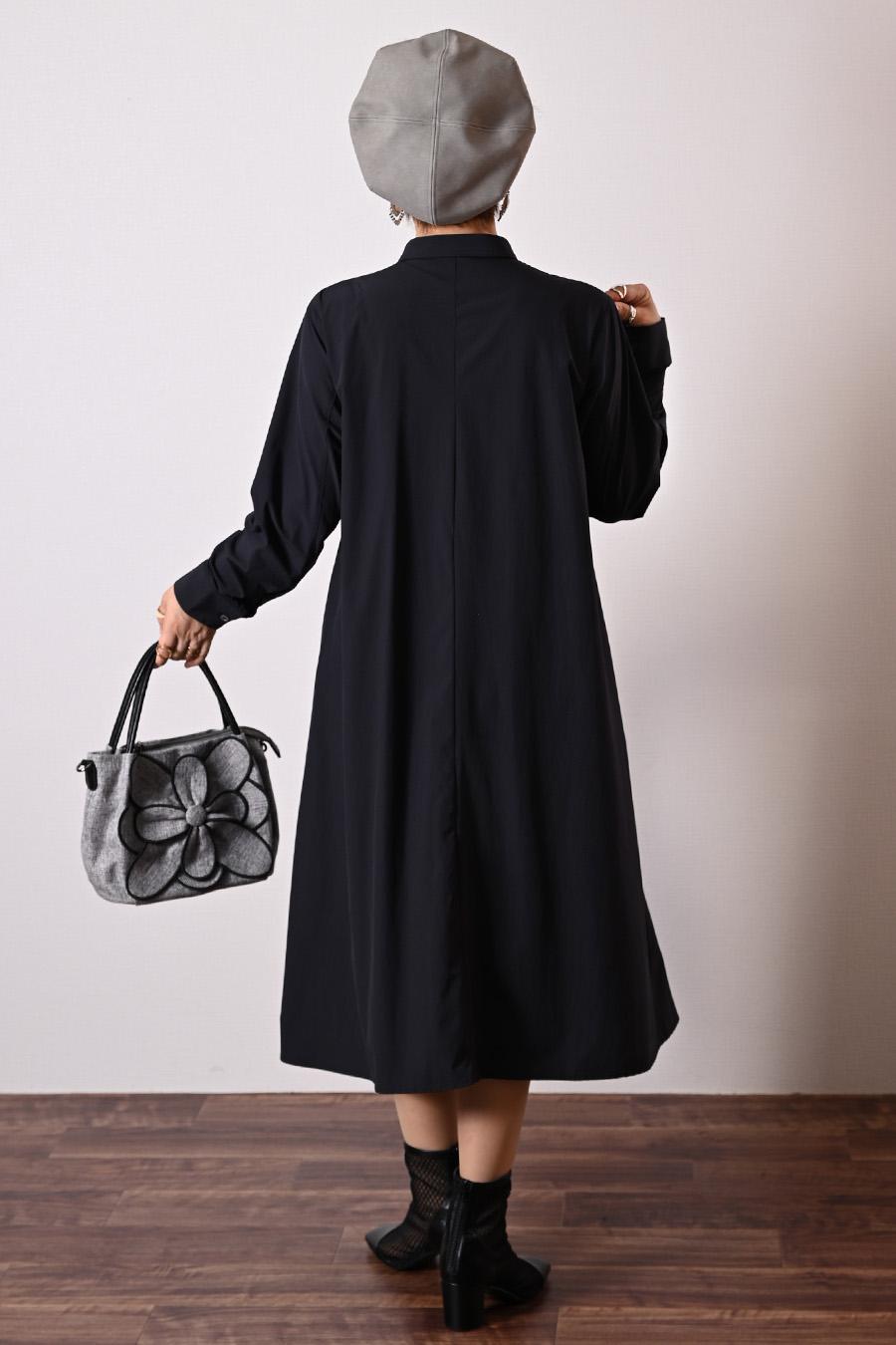 シワになりにくい！アシンメトリープリーツ バンドカラーシャツドレス