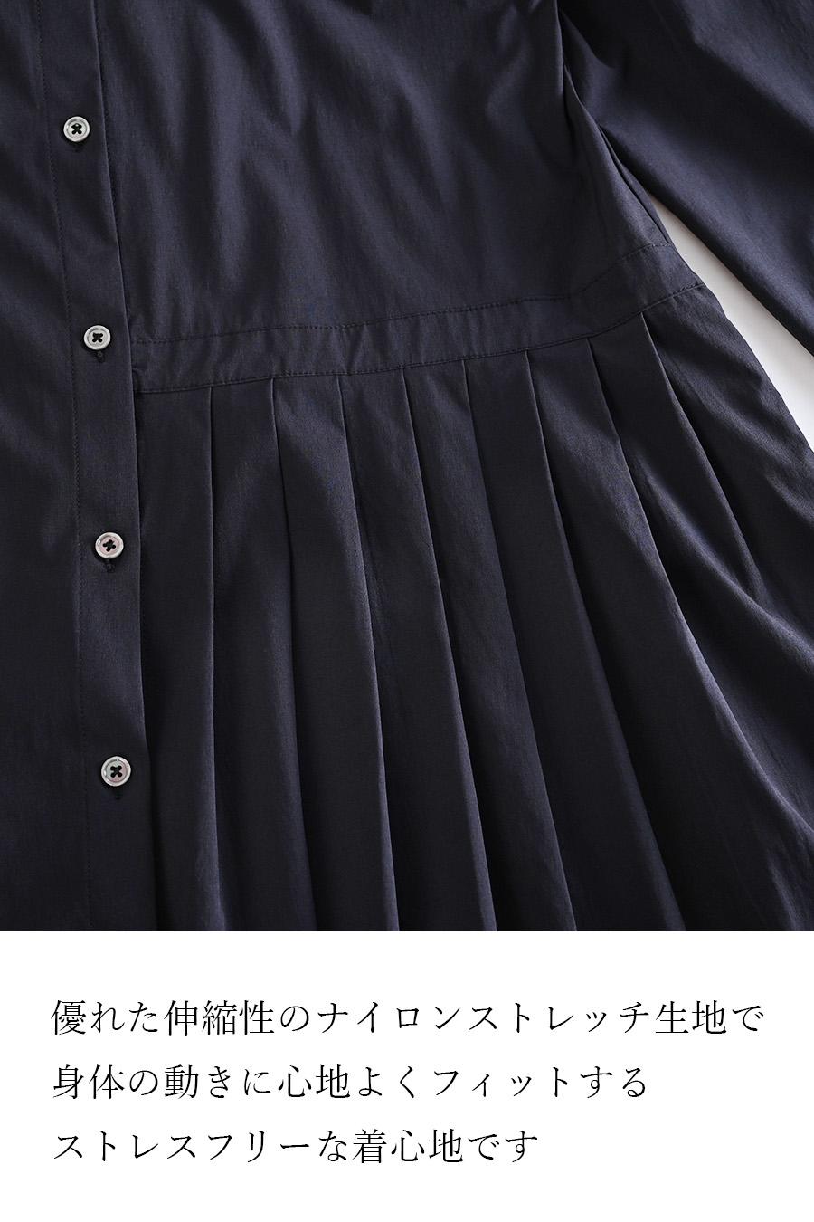 シワになりにくい！アシンメトリープリーツ バンドカラーシャツドレス
