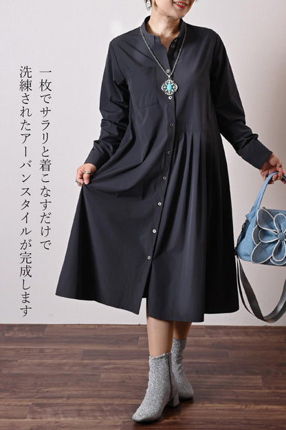 シワになりにくい！アシンメトリープリーツ バンドカラーシャツドレス