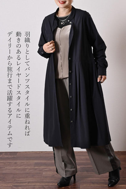 シワになりにくい！アシンメトリープリーツ バンドカラーシャツドレス