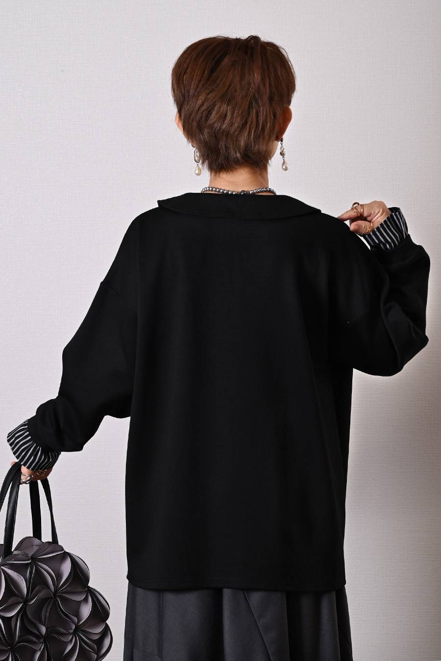 レイヤードスタイル完結！ストライプシャツレイヤード風 ポンチスキッパープルオーバー