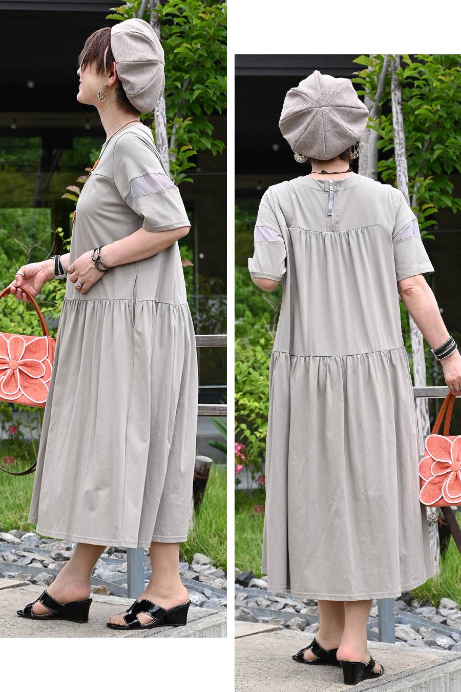 ゆったり軽フェミニン！異素材コンビ・シアースリーブ ティアードワンピース