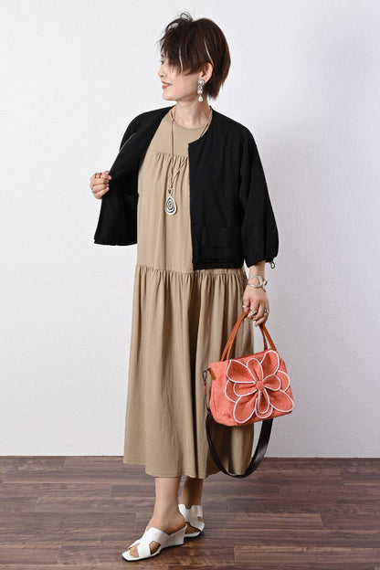 ゆったり軽フェミニン！異素材コンビ・シアースリーブ ティアードワンピース