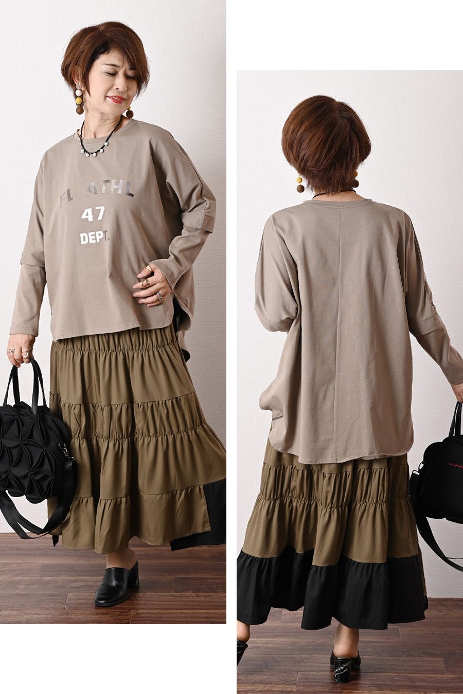 BIGシルエットでシーズンレス！箔プリント レイヤード風プルオーバー