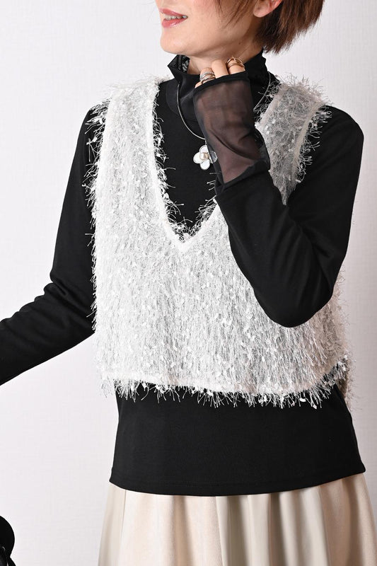 こなれコーデ重ね着のマストアイテム！ファンシーヤーンＶネックベスト　