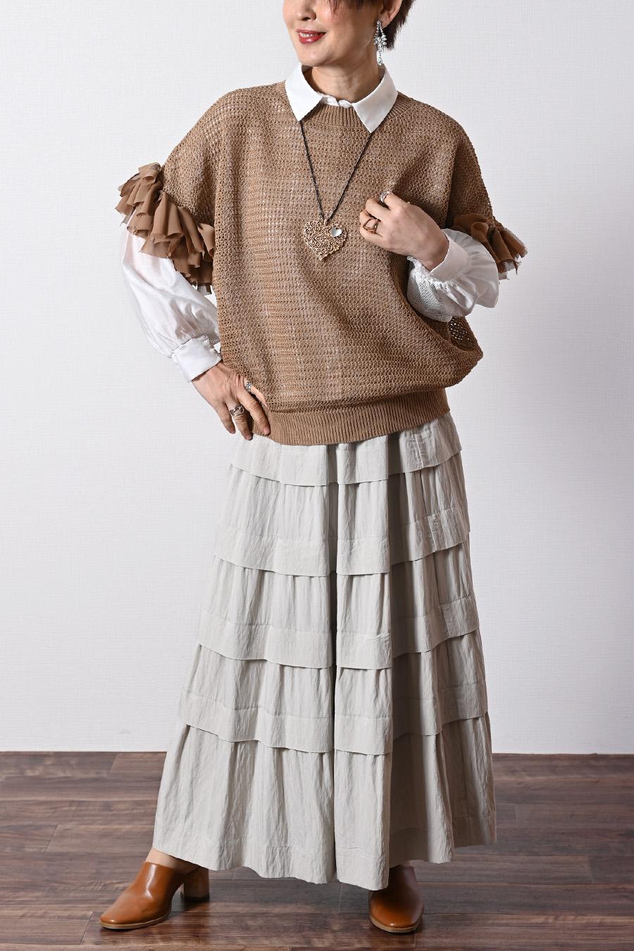 立体感溢れる大人のティアード！ワッシャーティアード ロングスカート