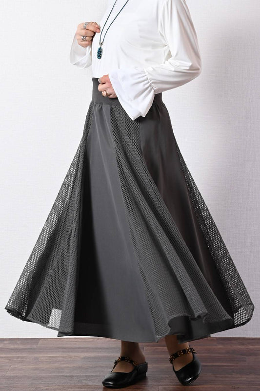 落ち感最強！メッシュ切替 フレアロングスカート