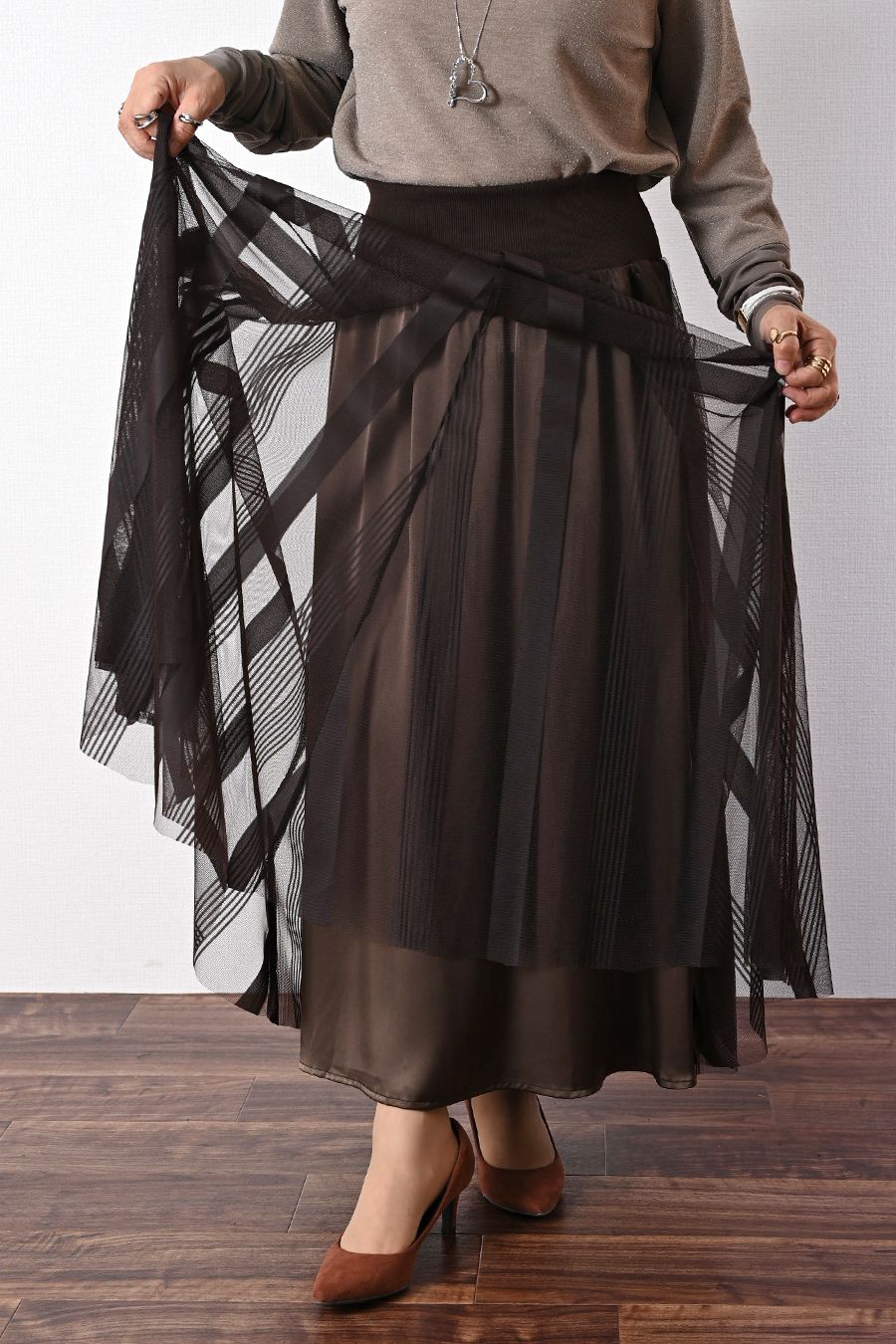 ストライプチュール＆サイドラインフレアスカート