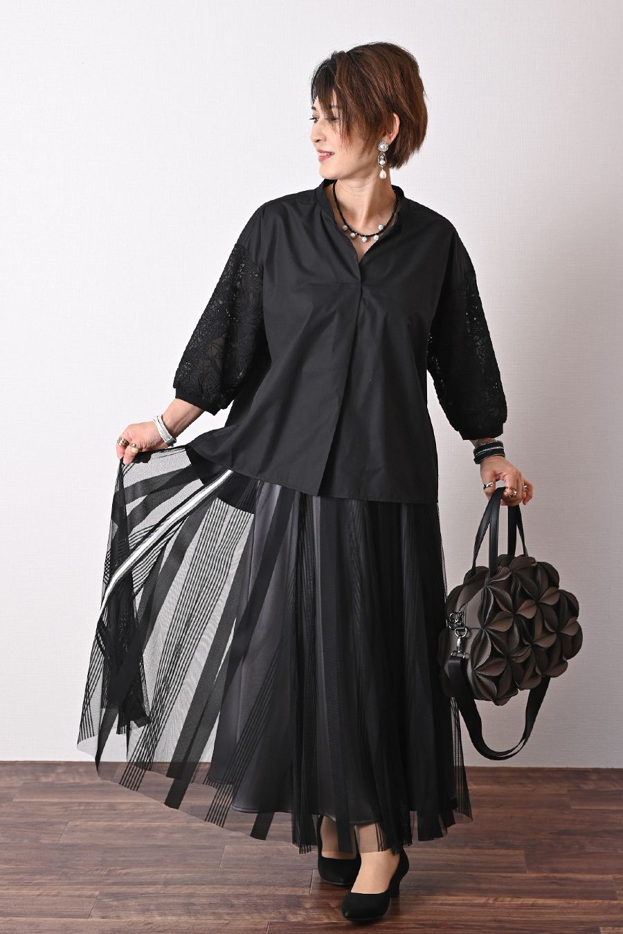 ストライプチュール＆サイドラインフレアスカート