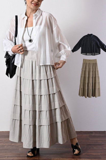 シアー×メッシュ 薄軽コンビブラウス+ワッシャーティアード ロングスカート2点セットコーデ