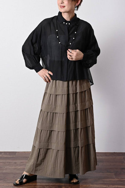 シアー×メッシュ 薄軽コンビブラウス+ワッシャーティアード ロングスカート2点セットコーデ