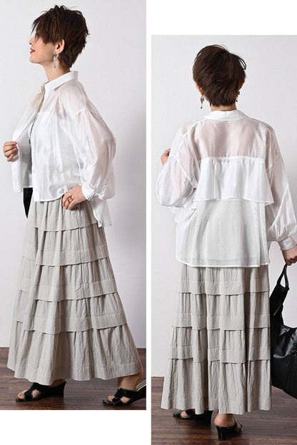 シアー×メッシュ 薄軽コンビブラウス+ワッシャーティアード ロングスカート2点セットコーデ