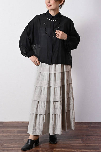 シアー×メッシュ 薄軽コンビブラウス+ワッシャーティアード ロングスカート2点セットコーデ