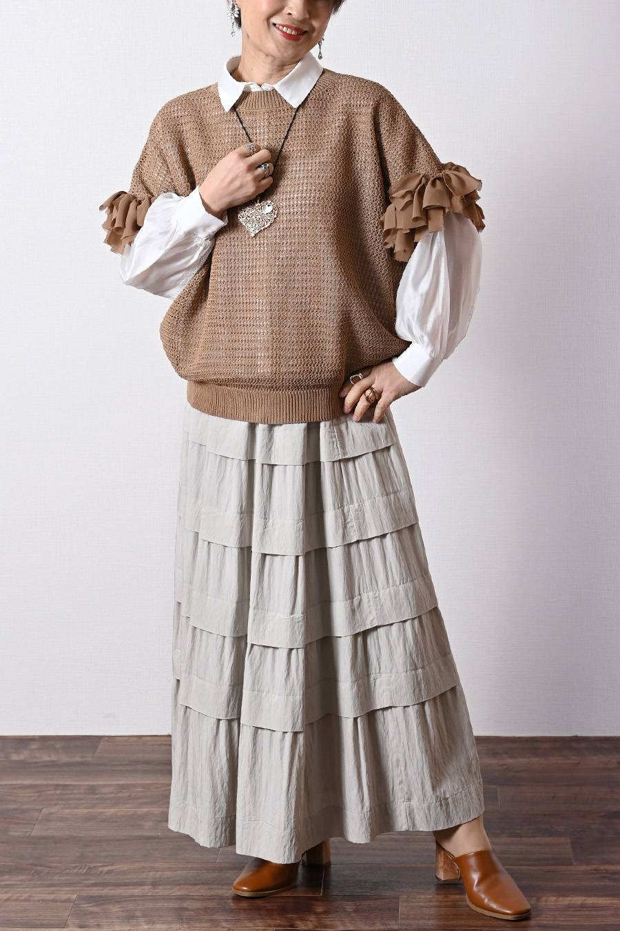 シアー×メッシュ 薄軽コンビブラウス+ワッシャーティアード ロングスカート2点セットコーデ