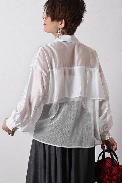 シアー×メッシュ 薄軽コンビブラウス+ワッシャーティアード ロングスカート2点セットコーデ