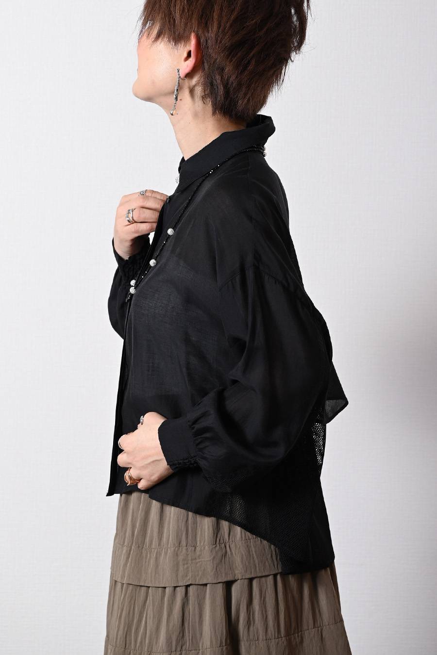 シアー×メッシュ 薄軽コンビブラウス+ワッシャーティアード ロングスカート2点セットコーデ