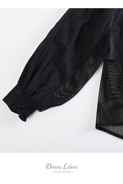 シアー×メッシュ 薄軽コンビブラウス+ワッシャーティアード ロングスカート2点セットコーデ