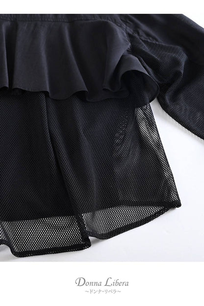 シアー×メッシュ 薄軽コンビブラウス+ワッシャーティアード ロングスカート2点セットコーデ