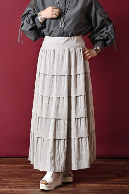 シアー×メッシュ 薄軽コンビブラウス+ワッシャーティアード ロングスカート2点セットコーデ