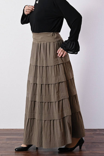 シアー×メッシュ 薄軽コンビブラウス+ワッシャーティアード ロングスカート2点セットコーデ