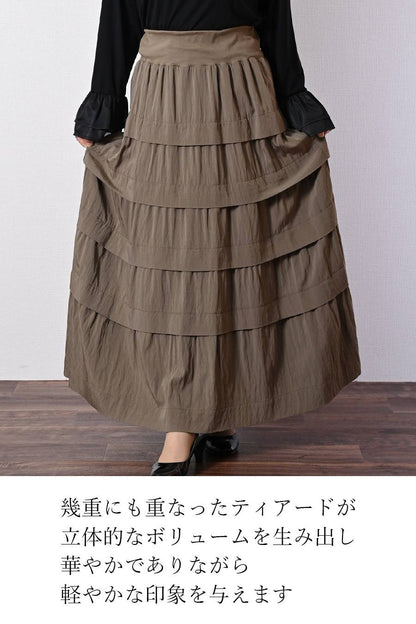 シアー×メッシュ 薄軽コンビブラウス+ワッシャーティアード ロングスカート2点セットコーデ