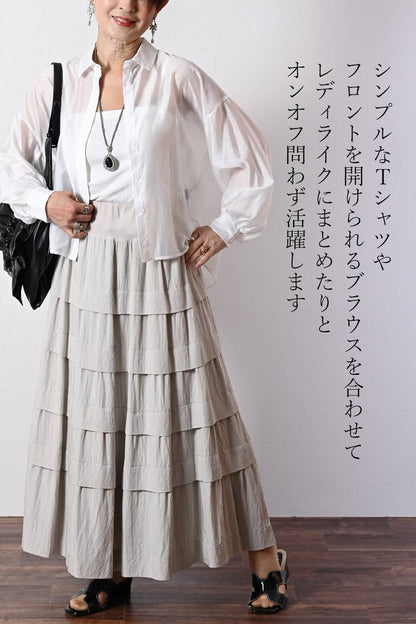 シアー×メッシュ 薄軽コンビブラウス+ワッシャーティアード ロングスカート2点セットコーデ