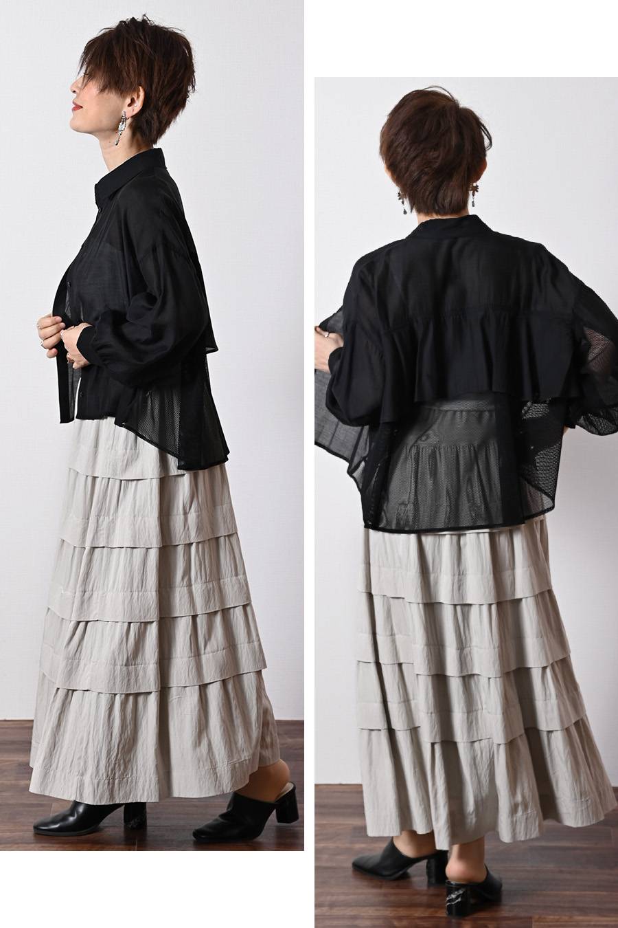 シアー×メッシュ 薄軽コンビブラウス+ワッシャーティアード ロングスカート2点セットコーデ