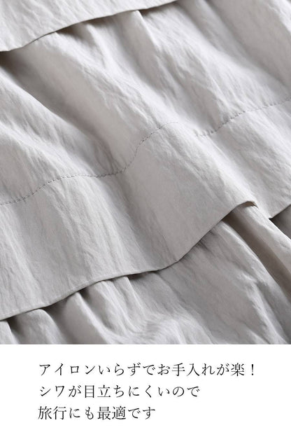 シアー×メッシュ 薄軽コンビブラウス+ワッシャーティアード ロングスカート2点セットコーデ