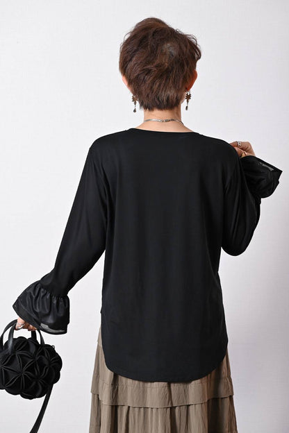 袖フリルストレッチカットソー＋袖シフォンリボンメッシュニットプルオーバー2点セットコーデ