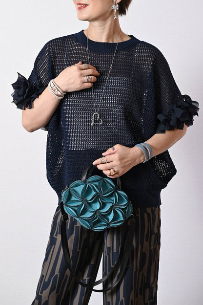 袖フリルストレッチカットソー＋袖シフォンリボンメッシュニットプルオーバー2点セットコーデ