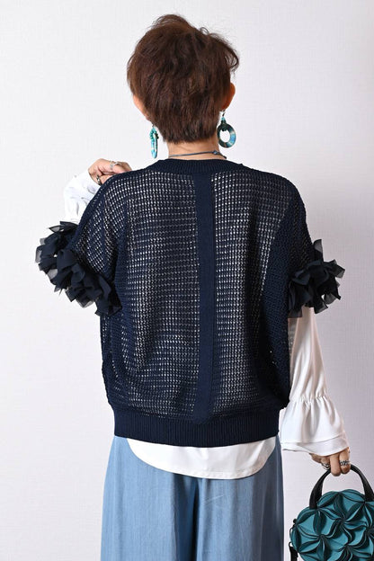 袖フリルストレッチカットソー＋袖シフォンリボンメッシュニットプルオーバー2点セットコーデ