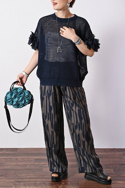 袖フリルストレッチカットソー＋袖シフォンリボンメッシュニットプルオーバー2点セットコーデ