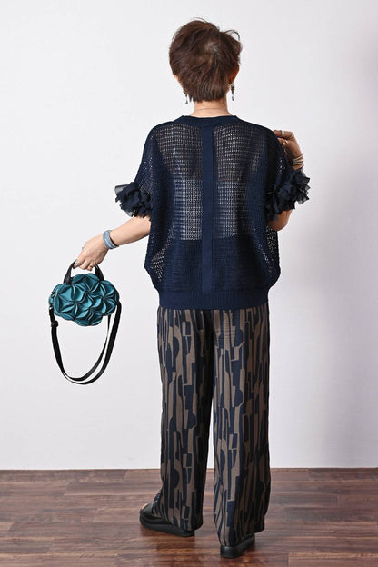 袖フリルストレッチカットソー＋袖シフォンリボンメッシュニットプルオーバー2点セットコーデ