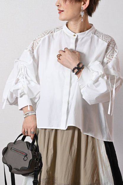 肩先に宿るエレガンス！肩レース切替 ボリュームスリーブブラウス
