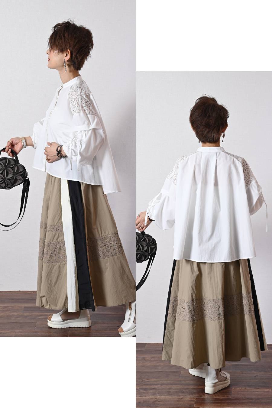 肩先に宿るエレガンス！肩レース切替 ボリュームスリーブブラウス