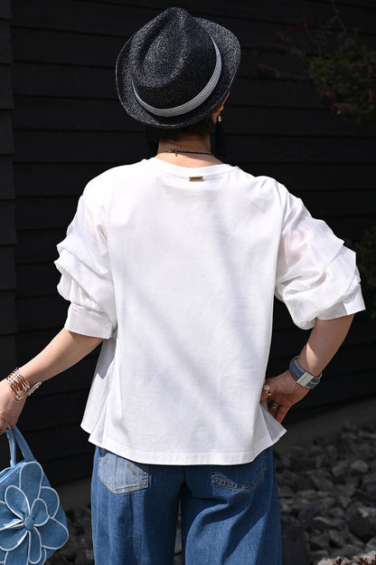 華やかさと立体感！袖ボリューム・異素材切替カットソー