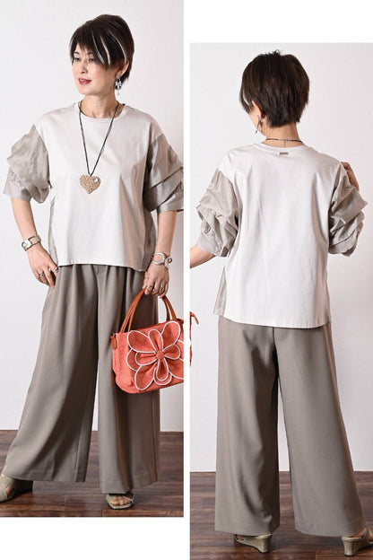 華やかさと立体感！袖ボリューム・異素材切替カットソー