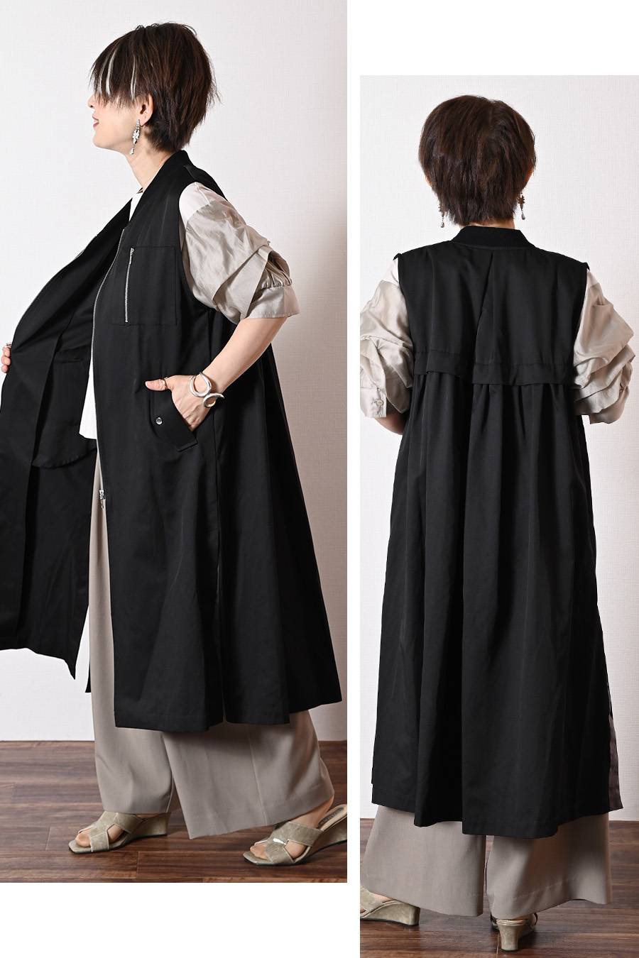 袖ボリュームカットソー＋ミリタリーロングフライトジャケット2点セットコーデ