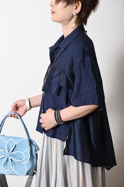 異素材コンビ タックデザインブラウス+ワイドストレートアウトポケットパンツ２点セットアップ