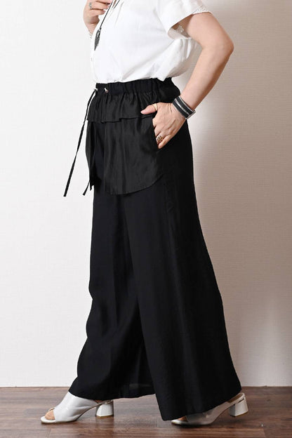 異素材コンビ タックデザインブラウス+ワイドストレートアウトポケットパンツ２点セットアップ