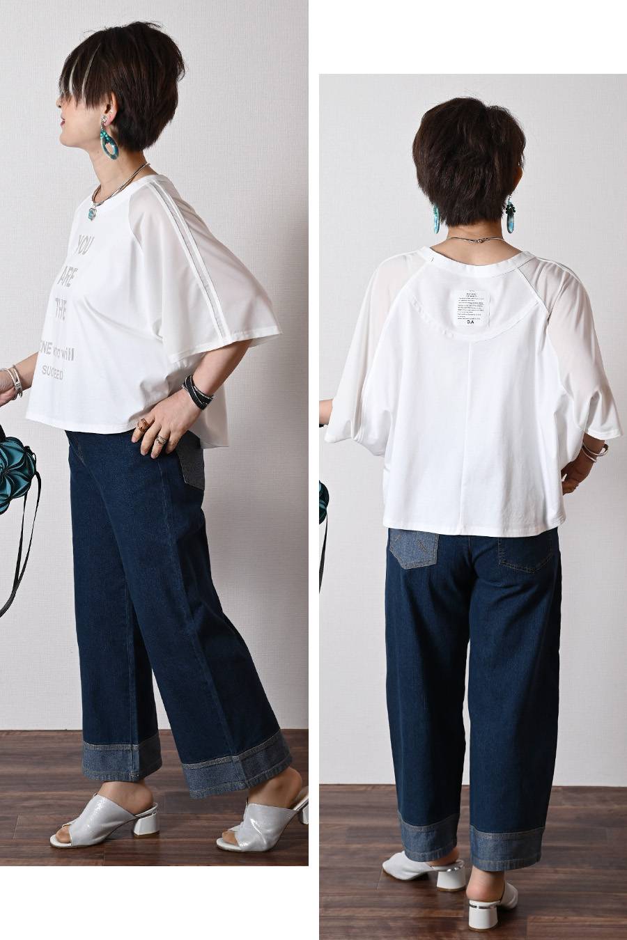 汗染み対策にも！シアー切替 ロゴプリント・ドルマンプルオーバー