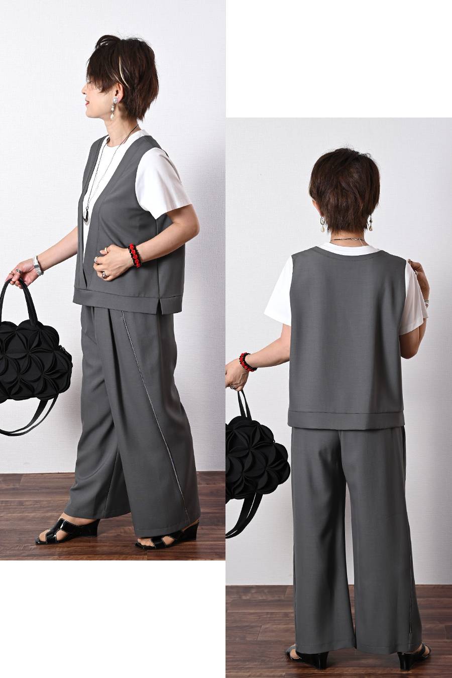 レイヤード風デザイントップス+大人のための脚長ワイドパンツ２点セットアップ