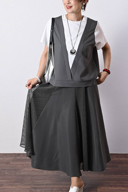 レイヤード風デザイントップス+大人のための脚長ワイドパンツ２点セットアップ