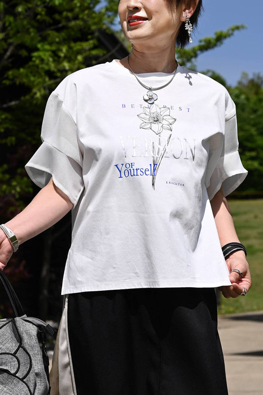 洗練された艶と清涼感！シルケットコットン メッシュスリーブ グラフィックTシャツ